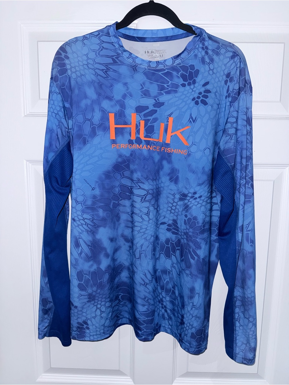Huk Blue Long Sleeve Performance Fishing Tee with Orange Logo